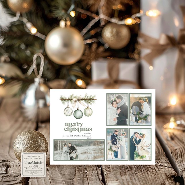 Our First Married Christmas Pine Ornament 5 Photo Holiday Card (Creator Uploaded)
