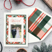 Our First Married Christmas Plaid Wedding Photo