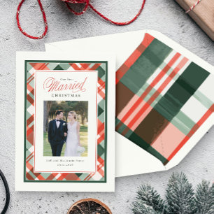 Our First Married Christmas Plaid Wedding Photo Holiday Card