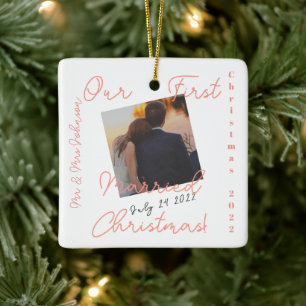 Our First Married Christmas Square Photo Ceramic Ornament