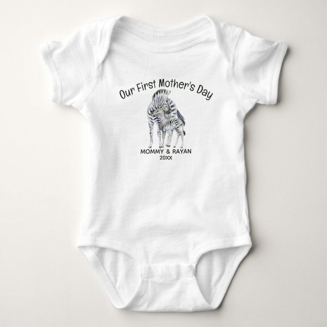 Our First Mother's Day, Baby Zebra custom name  Bodysuit (Front)