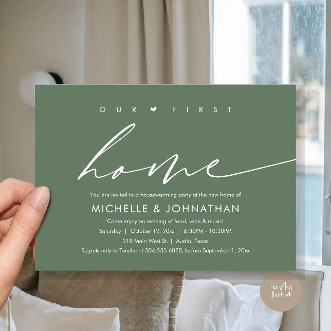 Our First New Home, Housewarming Party Celebration Invitation (Our First New Home, Housewarming Party Celebration Invitation Card, PDF, in Forest Sage Green)