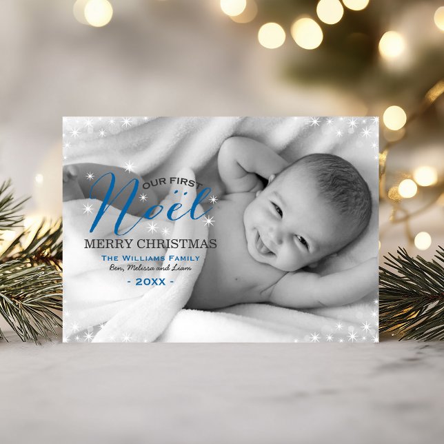 Our First Noel Blue Photo Overlay Babys First Holiday Card (Creator Uploaded)