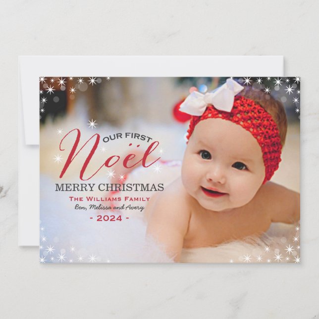 Our First Noel Red Photo Overlay Babys First Holiday Card (Front)