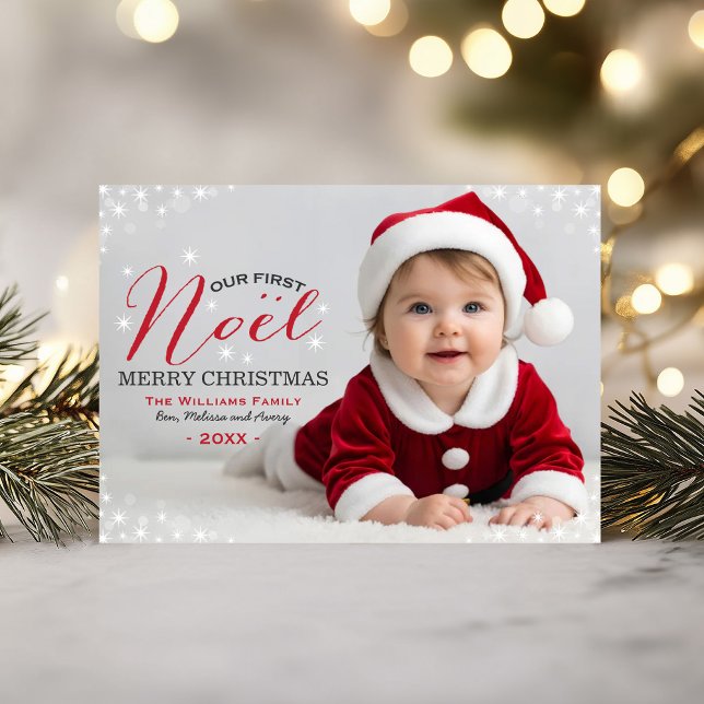 Our First Noel Red Photo Overlay Babys First Holiday Card (Creator Uploaded)