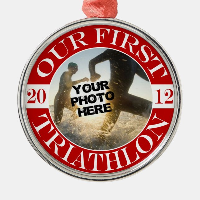 Our First Triathlon Metal Tree Decoration (Front)