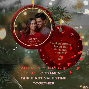 Our First Valentine Photo RED Hearts Couple Ceramic Tree Decoration
