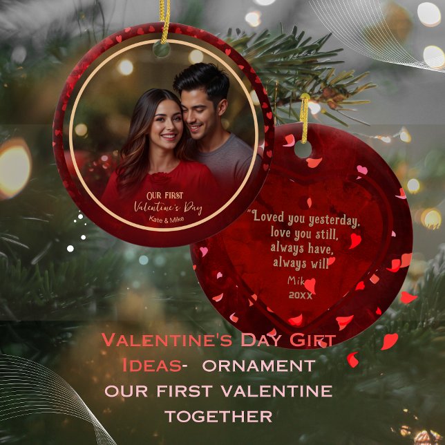 Our First Valentine Photo RED Hearts Couple Ceramic Tree Decoration (Our First Valentine Photo RED Hearts Couple Ceramic Ornament)