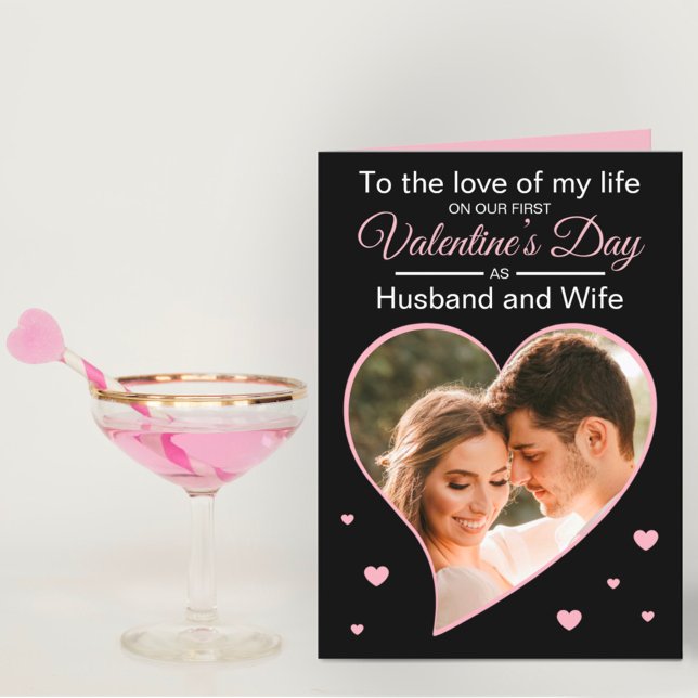 Our First Valentine’s as Husband & Wife Photo Pink Holiday Card (Creator Uploaded)