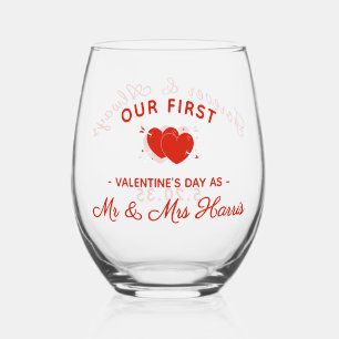 Our First Valentine’s Day as Mr & Mrs Personalized Stemless Wine Glass