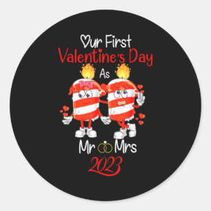 Our First Valentines Day As Mr And Mrs Engaged Cou Classic Round Sticker