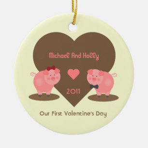 Our First Valentine's Day Pigs and Hearts Ceramic Tree Decoration