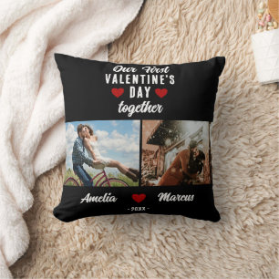 Our First Valentine's Day Together 2 Photos Black Cushion