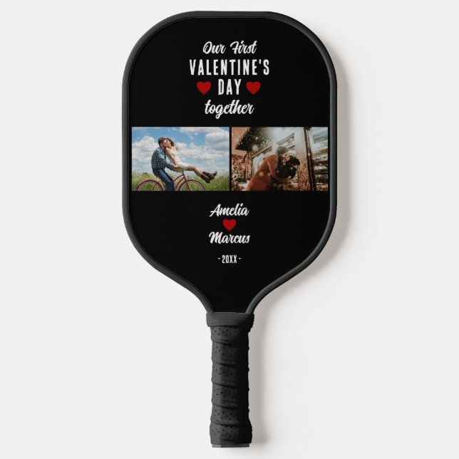 Our First Valentine's Day Together 2 Photos Black Pickleball Paddle (Front)