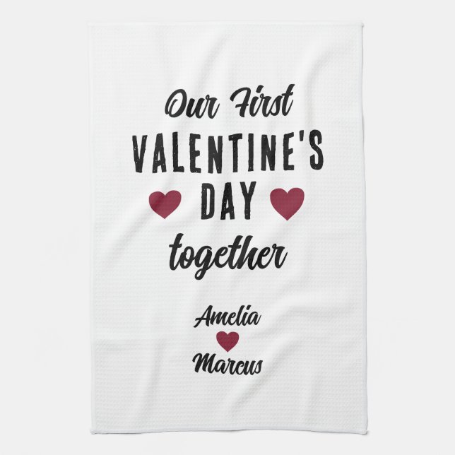 Our First Valentine's Day Together Red Hearts  Tea Towel (Vertical)