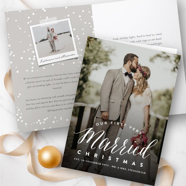 Our First Very Married Christmas Mr & Mrs Wedding Holiday Card (Our First Very Married Christmas Mr & Mrs Wedding Announcement / Holiday Folded Card @ fat_fa_tin)