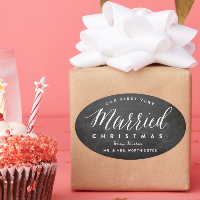 Our First Very Married Christmas Mr & Mrs Wedding Oval Sticker (Party)