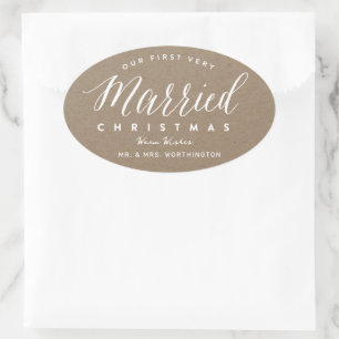 Our First Very Married Christmas Mr & Mrs Wedding Oval Sticker