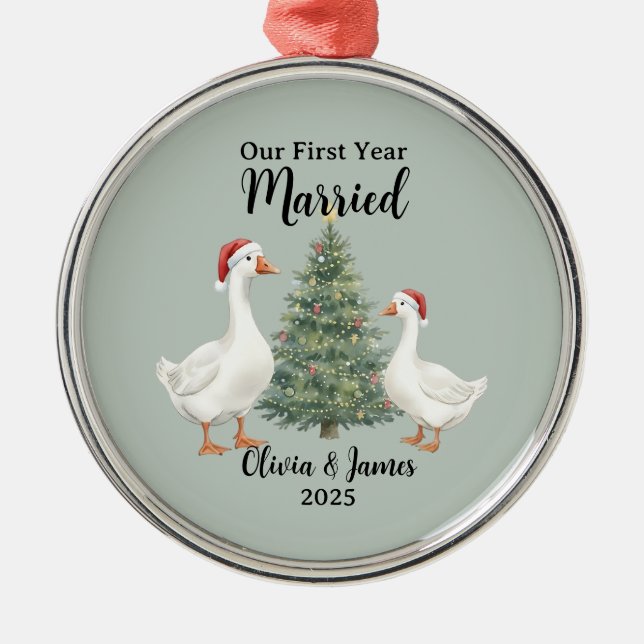 Our First Year Married Goose Custom Christmas Metal Tree Decoration (Front)