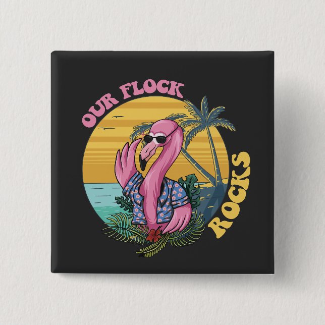 Our Flock Rocks Flamingo Groovy Retro 15 Cm Square Badge (Front)