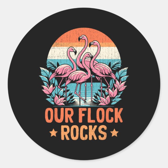 Our Flock Rocks Flamingos Lover Family Vacation Gr Classic Round Sticker (Front)
