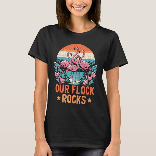 Our Flock Rocks Flamingos Lover Family Vacation Gr T-Shirt (Front)