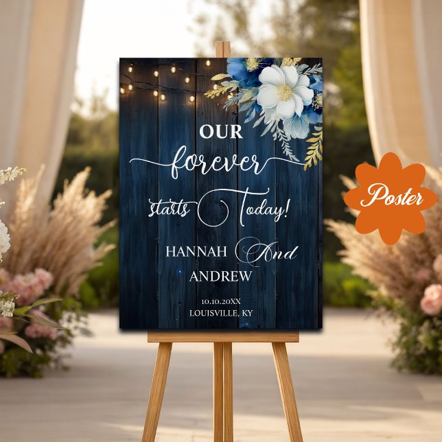 Our Forever starts Today Blue Wood Wedding Welcome Poster (Creator Uploaded)