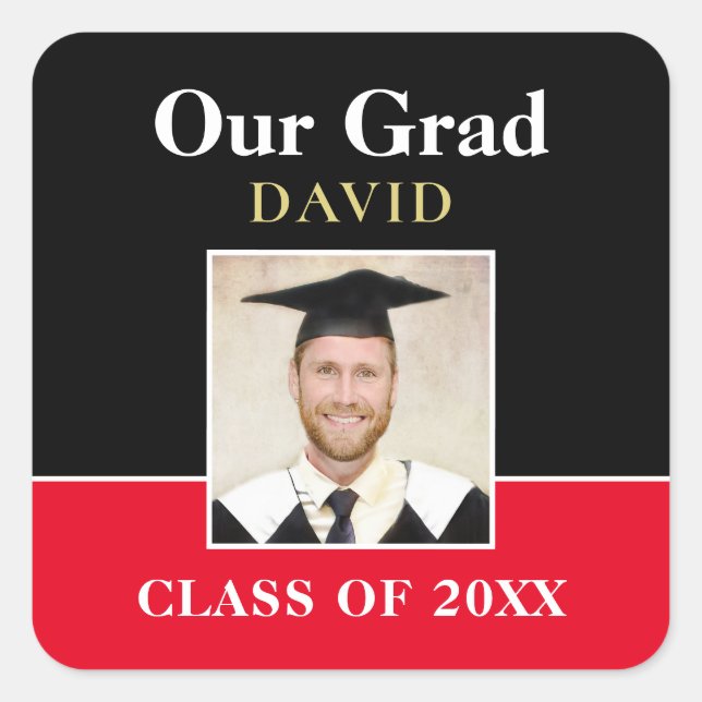 Our Grad Name Year Photo Black Red Gold Informal Square Sticker (Front)
