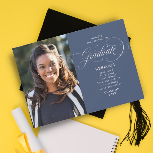 Our Graduate Classic Script Blue Photo Graduation Announcement (Creator Uploaded)