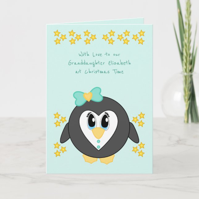 Our Granddaughter at Christmas cute penguin mint Holiday Card (Front)