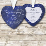 Our Granddaughter Star Ornament<br><div class="desc">Our best selling granddaughter Christmas ornament has been updated this year! It features a silver star and snowflake pattern against a deep blue gradient background. In the centre is your customised text in white. It says "Our Granddaughter is the STAR in our HEARTS. The back of the ornament has the...</div>