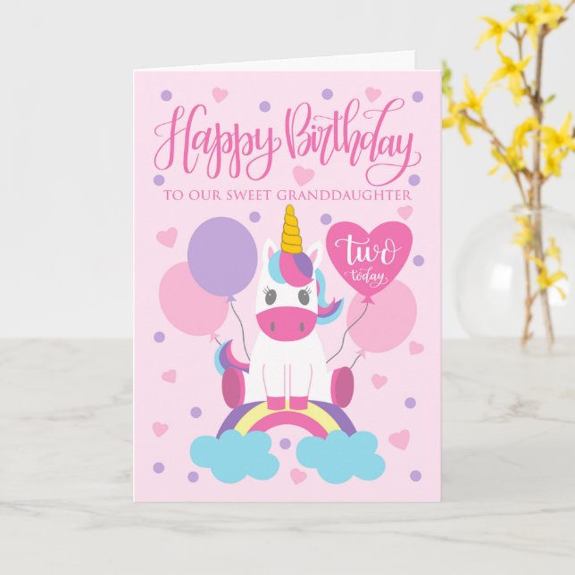 Our Granddaughter Unicorn On Rainbow 2nd Birthday Card (Yellow Flower)