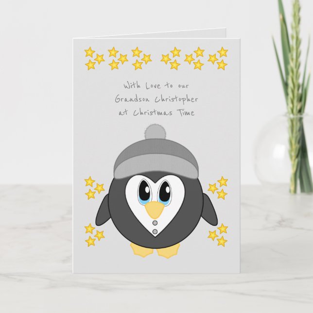 Our Grandson at Christmas cute penguin grey Holiday Card (Front)