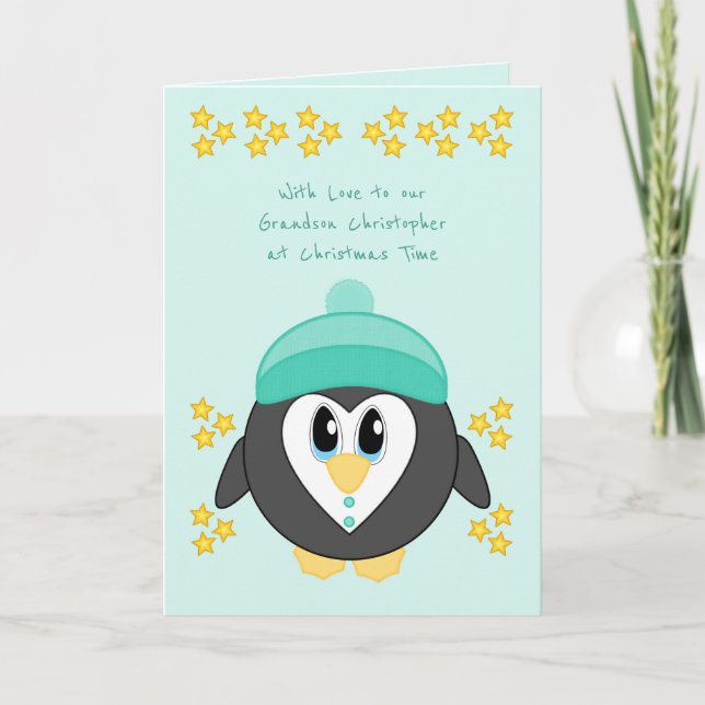 Our Grandson at Christmas cute penguin mint Holiday Card (Front)