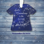 Our Grandson Star Ornament<br><div class="desc">Here's a nice keepsake ornament for that special grandson! It features a silver star and snowflake pattern against a deep blue gradient background. In the centre is your customised text in white. It says "Our Grandson is the STAR in our HEARTS. The back of the ornament has the silver star...</div>