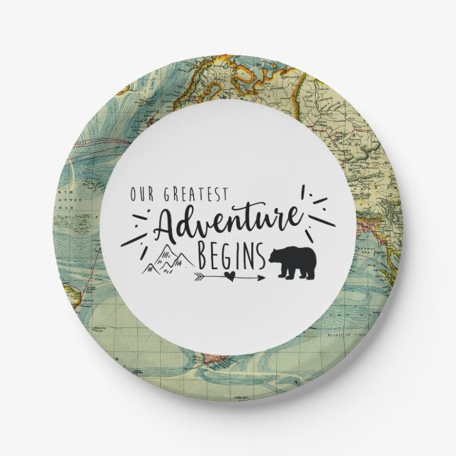 Our Greatest Adventure Vintage Map Bear Paper Plate (Front)
