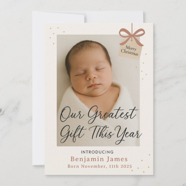 Our Greatest Gift Baby Announcement Holiday Card (Front)