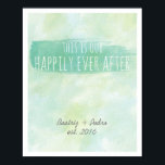 Our Happily Ever After Personalised Couple Emerald Poster<br><div class="desc">Our happily ever after prints emeral green watercolor wall art personalised couple prints. Personalised couple prints, by red_dress, featuring a "this is our happily ever after" quote and personalised couple's names / year established. The wedding quotes poster is printed on light blue and green watercolor background, with brush stroke in...</div>
