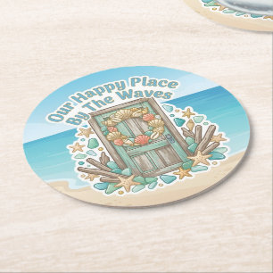 Our Happy Place By The Waves Round Paper Coaster