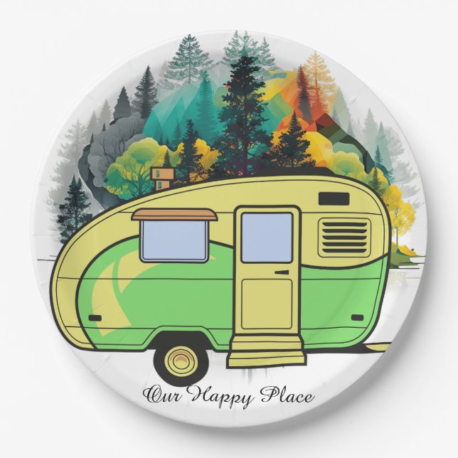 Our Happy Place. Retro Camping Paper Plate (Front)