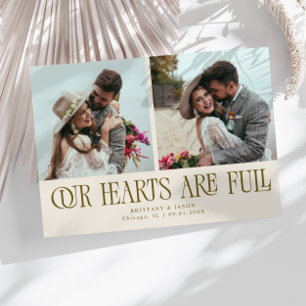 Our Hearts Are Full Cream Wedding Photo Thank You Card