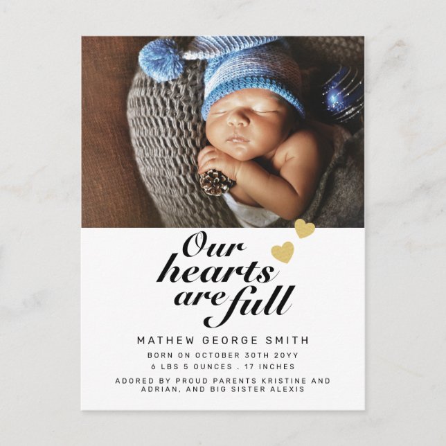 Our Hearts are Full Modern 1 Photo Baby Birth Announcement Postcard (Front)
