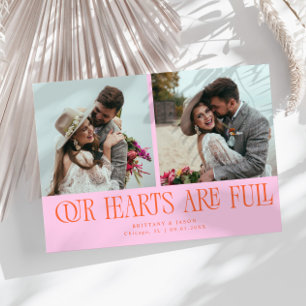 Our Hearts Are Full Orange Pink Wedding Photo Thank You Card