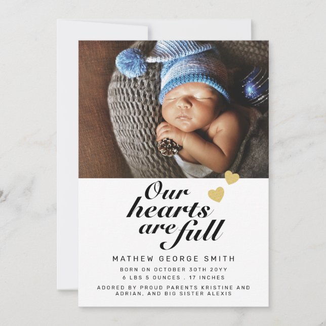 Our Hearts are Full Photo Baby Birth Announcement (Front)