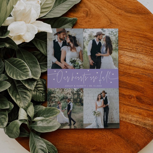 Our Hearts Are Full Wedding Photo Lilac Thank You Card (Creator Uploaded)