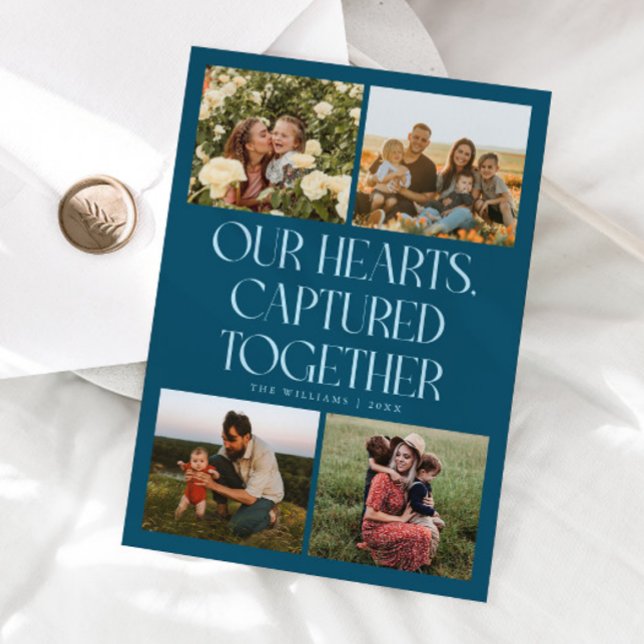 Our Hearts Teal Multi Photo Valentines Day  Holiday Card (Creator Uploaded)