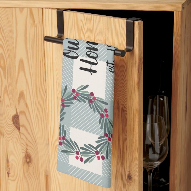 Our Home Script Blue/Green Buffalo Check Cute Tea Towel (Thirds Fold)