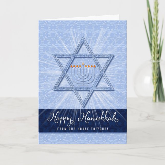 Our House to Yours Menorah Star of David Hanukkah  Holiday Card (Front)