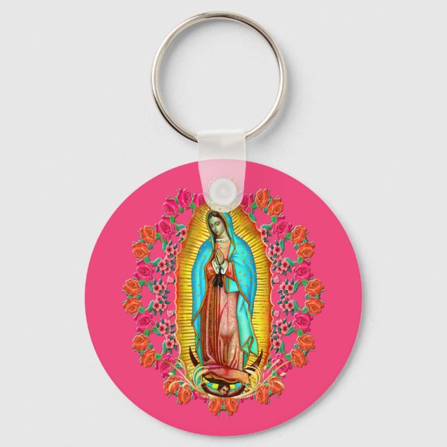 Our Lady Guadalupe Virgin Mary Catholic Saint Pink Key Ring (Front)