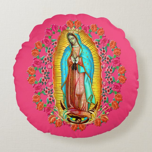 Our Lady Guadalupe Virgin Mary Catholic Saint Pink Round Cushion (Front)